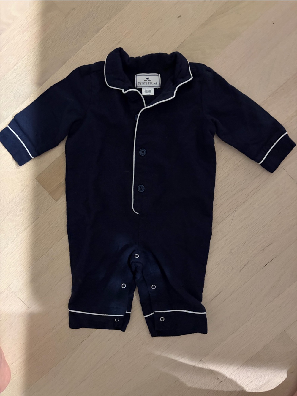 Petite plume Navy Baby One-Piece with White Piping